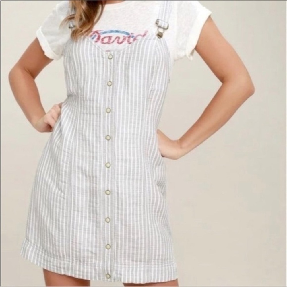 Free People White and Light Gray Striped Button-Front Pinafore Dress